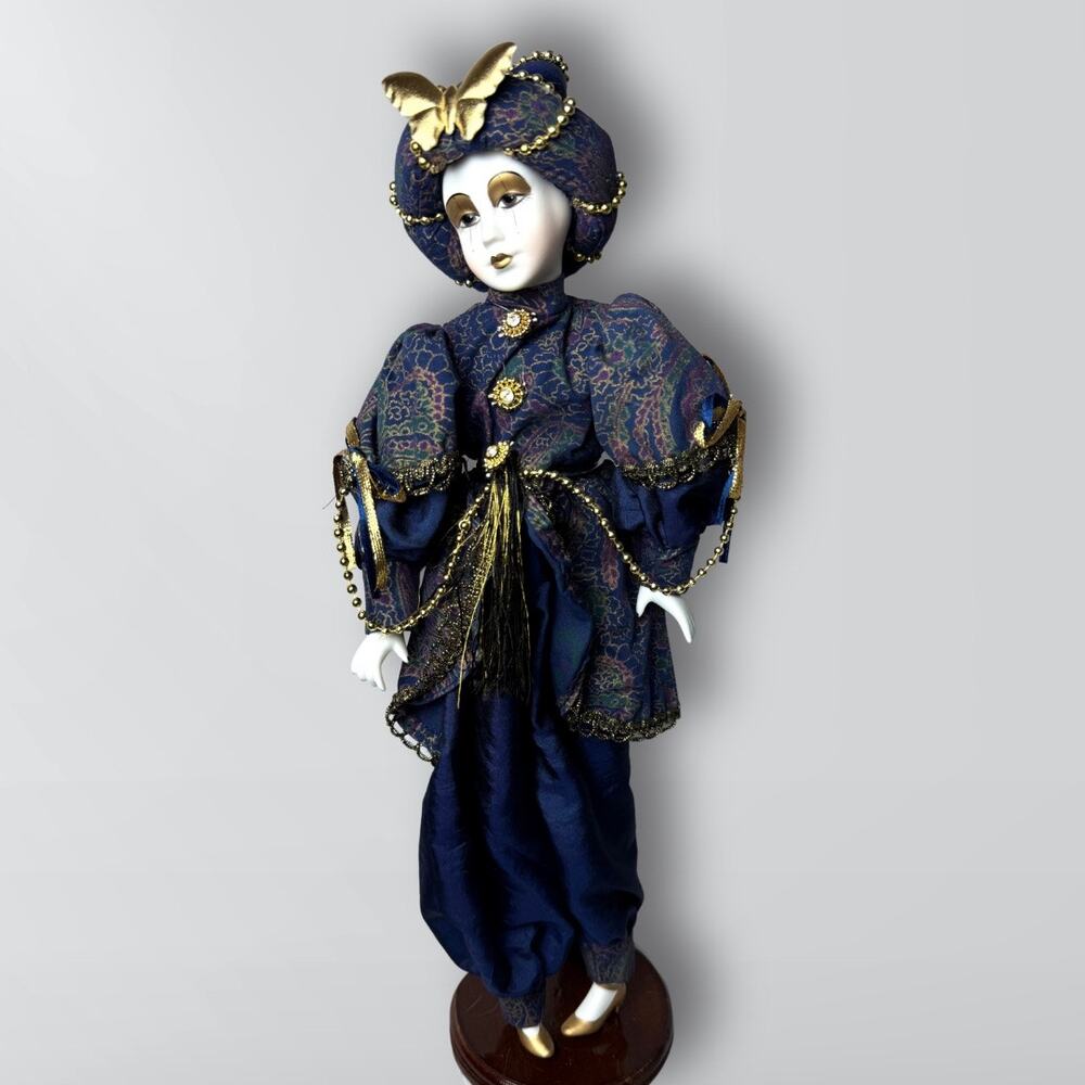 Vintage 90s Geppeddo Venetian Harlequin Porcelain Wizard Poseable Doll
